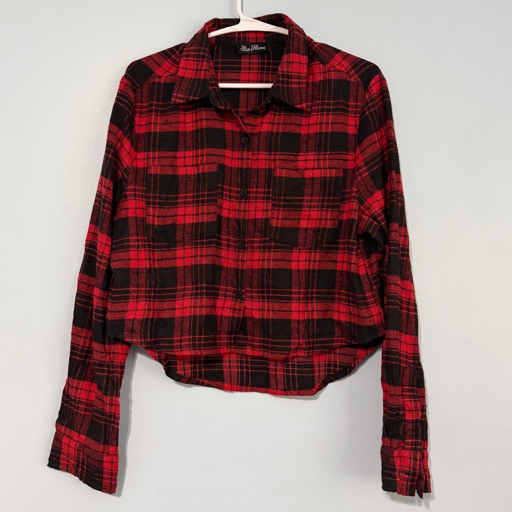 Blue Haven Women's L‎ Red Black Buffalo Plaid Flannel Cropped Button Down Shirt